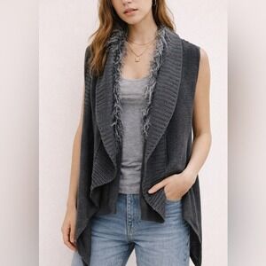 Sweater Project Gray Faux Fur Vest Large Luxe Boho Festival Streetwear Winter